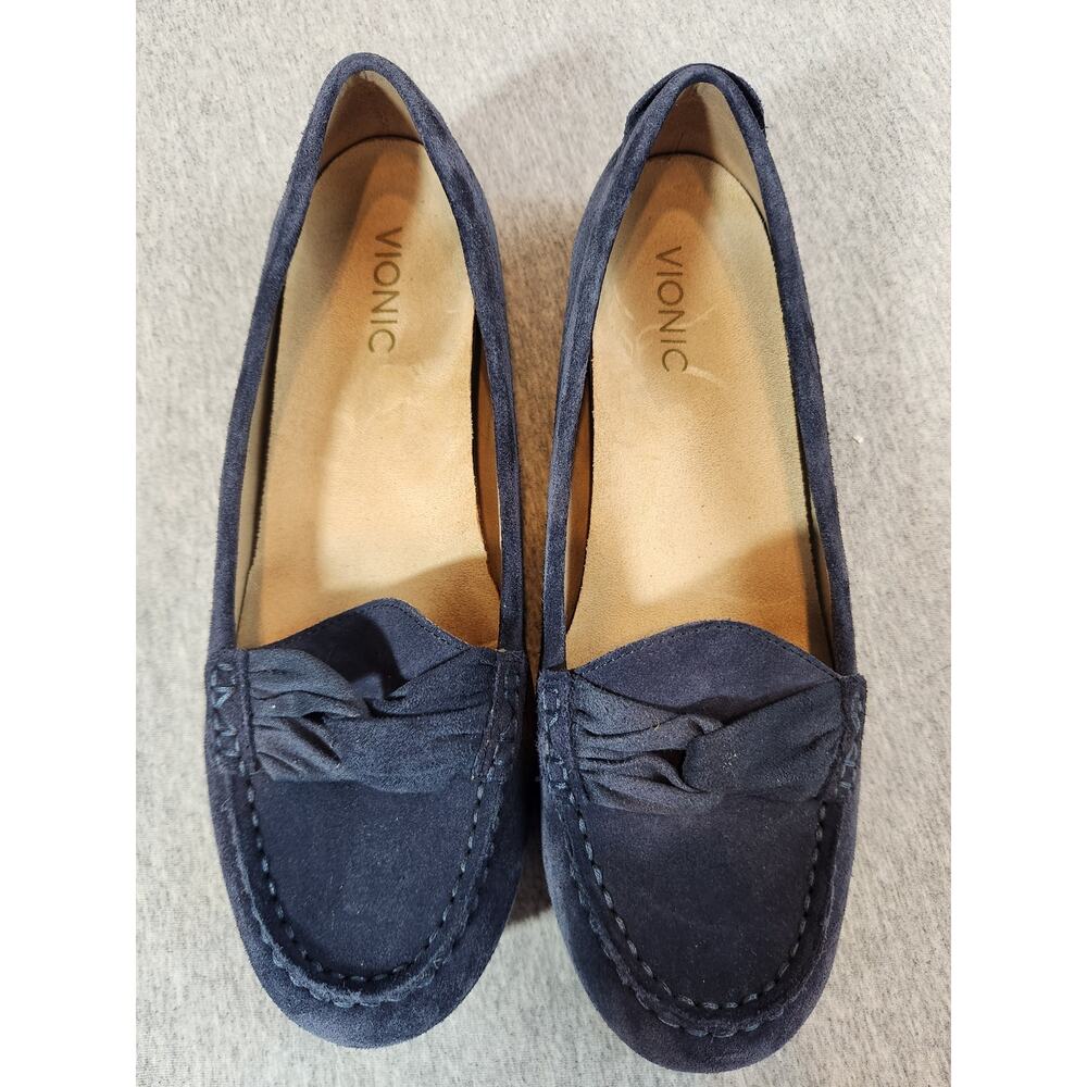 Vionic Norah 9.5 loafer flat navy suede twist bow design arch support shoe